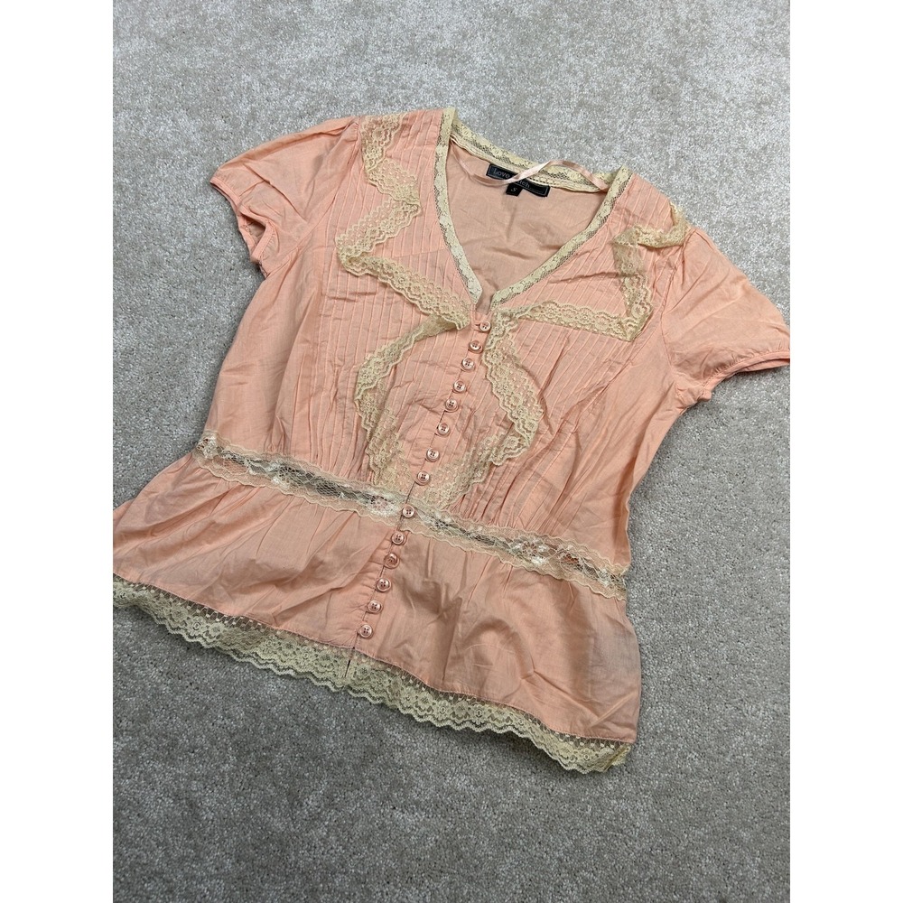 Lovestitch Blouse Womens Small Pink Lace Button‎ Front Short Sleeve Top Boho